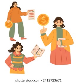Finance concept. Saving money, analyzing, planning personal budget. Income growth, investment, wealth, financial management. Flat vector illustrations isolated on white background.