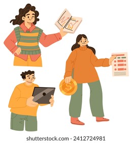 Concepto de finanzas. Ahorro de dinero, análisis, planificación de presupuesto personal, inversión. Crecimiento del ingreso, inversión, riqueza, gestión financiera. Ilustraciones gráficas planas vectoriales aisladas en fondo blanco.