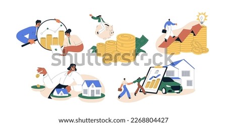 Finance concept. Saving money, analyzing, planning personal budget, investing. Income growth, investment, wealth, financial management. Flat graphic vector illustrations isolated on white background