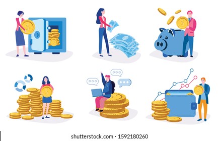 Finance concept, saving money, online banking, business people characters making money, Vector illustration for web banner, infographics, mobile. money transaction technology. 