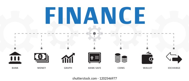 Finance concept template. Horizontal banner. Contains such icons as Bank, Money, Graph, Exchange