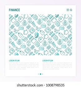 Finance concept with thin line icons: safe, credit card, piggy bank, wallet, currency exchange, hammer, agreement, handshake, atm slot. Modern vector illustration for banner, web page, print media.