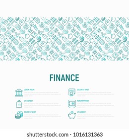 Finance concept with thin line icons: safe, credit card, piggy bank, wallet, currency exchange, hammer, agreement, handshake, atm slot. Modern vector illustration for banner, web page, print media.