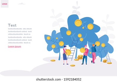 Finance concept, tree with golden coins, saving money, online banking, business people characters making money, Vector illustration for web banner, infographics, mobile. money technology. 