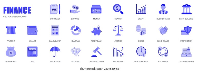Concepto de finanzas de iconos web establecidos en un simple diseño plano. Paquete de contrato, ahorro, dinero, búsqueda, grafo, empresario, construcción bancaria, pago, cartera y otros. Pictogramas azul vectorial para aplicación móvil