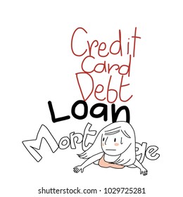 Finance concept with words regarding financial troubles such as credit card debt, loan, mortgage falling over weary woman who struggling with the problems. Girl lying down underneath financial issues.