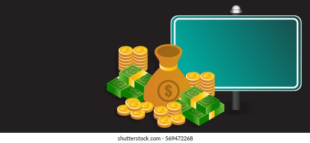 Finance conceptual image, hundred dollar bills, golden coins with the sign isolated on black background. Copy space. Vector illustration.