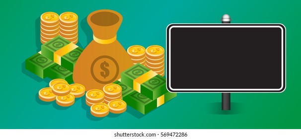 Finance conceptual image, hundred dollar bills, golden coins with the sign isolated on gradient background. Copy space. Vector illustration.