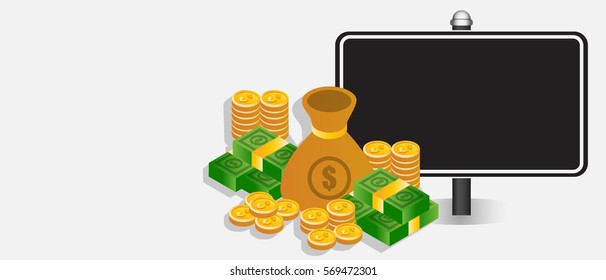 Finance conceptual image, hundred dollar bills, golden coins with the sign isolated on black background. Copy space. Vector illustration.