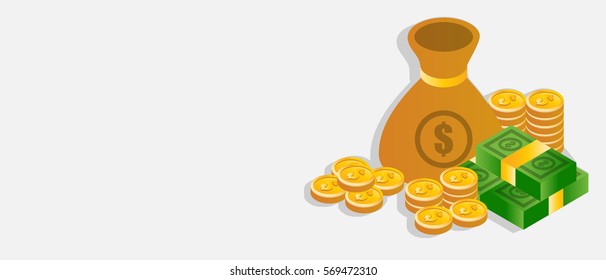 Finance conceptual image, hundred dollar bills, golden coins with the sign isolated on white background. Copy space. Vector illustration.