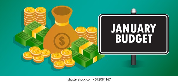 Finance conceptual image with JANUARY BUDGET words, hundred dollar bills, golden coins with the sign isolated on black background. Copy space. Vector illustration.