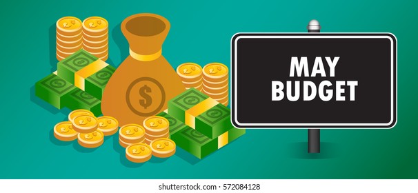 Finance conceptual image with MAY BUDGET words, hundred dollar bills, golden coins with the sign isolated on black background. Copy space. Vector illustration.