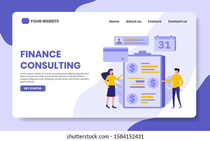 finance consulting landing page vector illustration. people build money report. business and finance concept, for website, banner, home page, flat illustration.