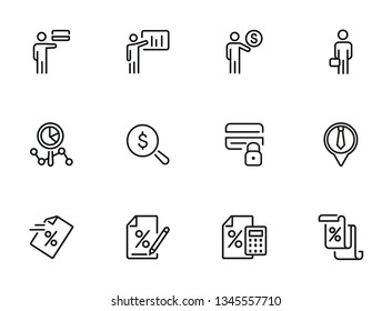 Finance consulting line icon set. Presentation, credit card, advisor. Business concept. Can be used for topics like financial analytics, calculating, investment