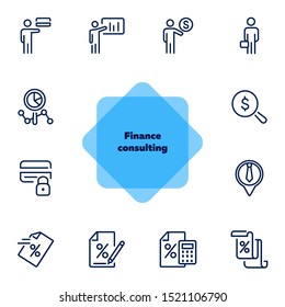 Finance consulting line icon set. Presentation, credit card, advisor. Business concept. Can be used for topics like financial analytics, calculating, investment