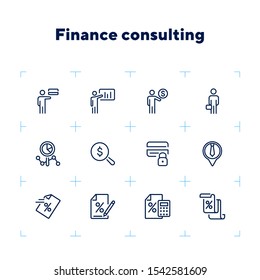 Finance consulting line icon set. Presentation, credit card, advisor. Business concept. Can be used for topics like financial analytics, calculating, investment