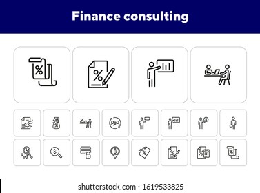 Finance consulting line icon set. Presentation, credit card, advisor. Business concept. Can be used for topics like financial analytics, calculating, investment