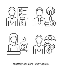 Finance consulting linear icons set. Financial analytics and planning. Customer service specialists. Customizable thin line contour symbols. Isolated vector outline illustrations. Editable stroke