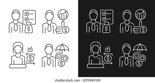 Finden Sie lineare Icons für den Dunkel- und Lichtmodus. Kundenservice und Buchhaltungsspezialisten. Anpassbare Thin-Line-Symbole. Einzige Vektorgrafik-Rahmenillustrationen. Bearbeitbarer Hub