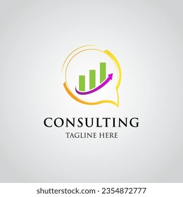 Plantilla de diseño del logotipo de Consultoría Financiera. Burbuja de voz y diseño vectorial del gráfico de crecimiento.