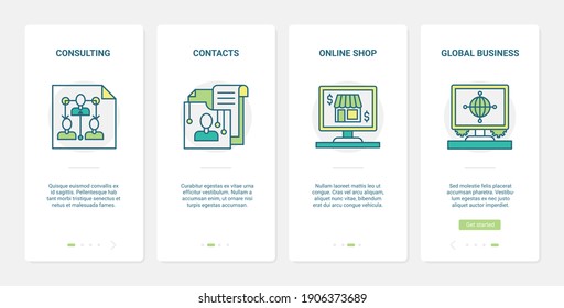Finance consulting technology vector illustration. UX, UI onboarding mobile app page screen set with line financial consultant agency service, global business advice, online store consultancy symbols