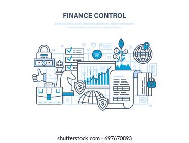 Finance control, analysis and market research, deposits, contributions and savings, statistics and accounting. Illustration thin line design of vector doodles, infographics elements.