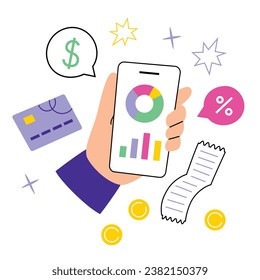 Finance control hand drawn composition, expense tracker in mobile bank account, smartphone app with graphs and diagram, vector illustration of online budget planning, personal income outcome analysis,