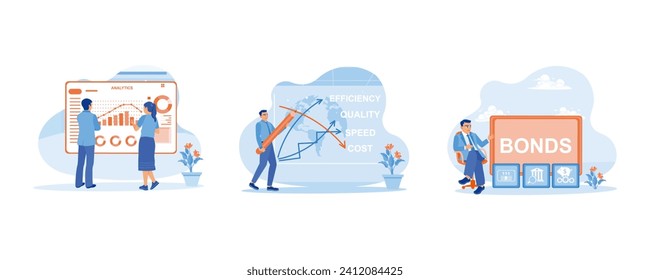 Finance control scenes concept. Analyze company finances. Create and write business concepts. Corporate Bond Banking Financial Market Management. set flat vector modern illustration 