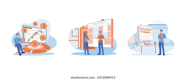  Finance control scenes concept. Floating Gold Bit coin. Industrial risk assessment and safety audit. Smart boss in a blue suit look. set flat vector modern illustration 