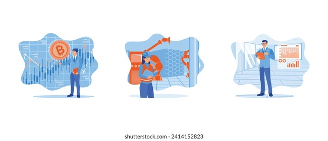 Concepto de escenas de control financiero. Evaluación del riesgo industrial y auditoría de seguridad. Empresario con gafas trabajando en oficina moderna. definir ilustración vectorial plana.