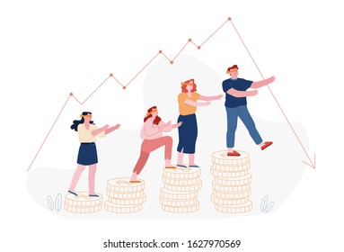 Finance Crisis Concept. Blindfold Business People Following Decline Arrow Chart Step By Coins Ladder. Business On Falling Down Graph. Financial Fail Risk Problem. Cartoon Flat Vector Illustration