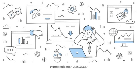 Finance crisis, economy drop doodle business concept. Shocked businessman investor holding head having stress due to money loss, invest recession, international collapse, Line art vector illustration