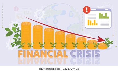 Finance Crisis with graph of Stacks of Indian Currency Coins Going Down Illustration 