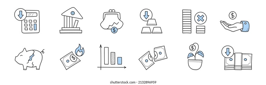 Finance crisis, money loss doodle icons calculator, broken bank building, purse with dollar coin, gold bars, broken piggy bank, burning currency bill, withered money tree, Line art vector illustration