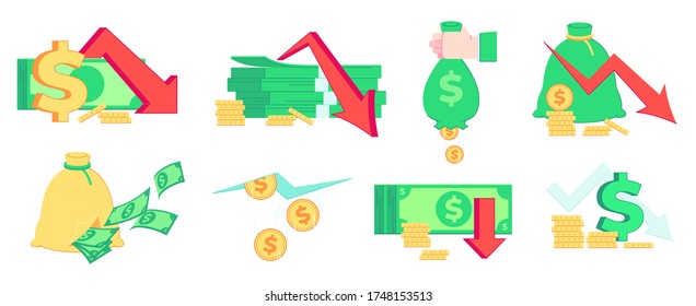 Finance Crisis, Money Loss. Recession, Bankrupt And Market Failure. Bad Income, Bankruptcy And Inflation Business Vector Illustration Set. Business Finance Loss, Crisis Money And Bankruptcy