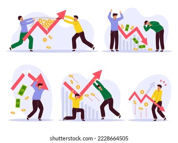 Finance crisis. People scary from bad graph business statistics finance problems economic recession recent vector concept illustrations