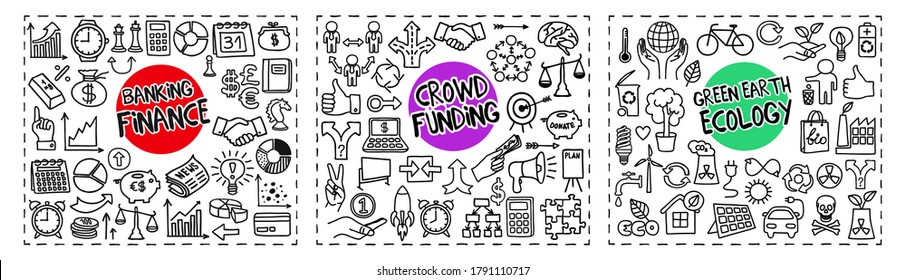 Finance, Crowd Funding and Green Earth Ecology doodle icons set