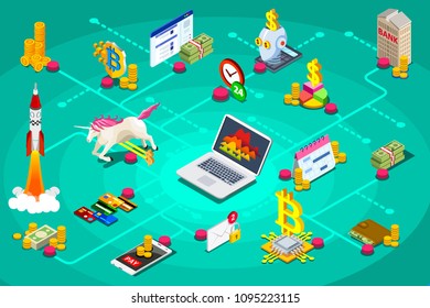 Finance, crypto business income illustration. Startup symbol. Mining currency with blockchain for business. Clipart or stickers for web banner, infographics, hero images. Flat isometric vector.