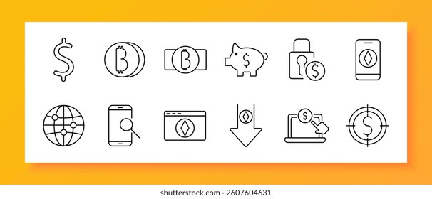 Finance and crypto set icon. Line icons of dollar, bitcoin, piggy bank, lock, phone, globe, browser, target, coin, laptop on white background denoting digital money, security, transactions, blockchain