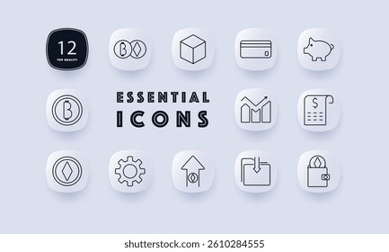 Finance and crypto set icon. Crypto pairing, cube block, credit card, piggy bank, rising chart, receipt, ethereum symbol, settings gear, upward token, folder download, wallet token