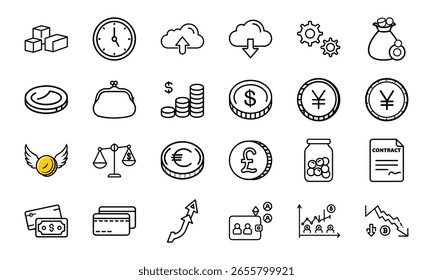 Conjunto de iconos de finanzas y criptomonedas: estilo de línea dibujado a mano Dinero, moneda, contrato, cartera, tarjeta de crédito, cadena de bloques, gráfico y símbolos de moneda para negocios, banca e inversión Diseño de interfaz de usuario

