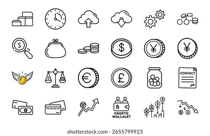 Conjunto de iconos de finanzas y criptomonedas: estilo de línea dibujado a mano Dinero, moneda, contrato, cartera, tarjeta de crédito, cadena de bloques, gráfico y símbolos de moneda para negocios, banca e inversión Diseño de interfaz de usuario

