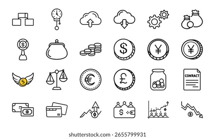Conjunto de iconos de finanzas y criptomonedas: estilo de línea dibujado a mano Dinero, moneda, contrato, cartera, tarjeta de crédito, cadena de bloques, gráfico y símbolos de moneda para negocios, banca e inversión Diseño de interfaz de usuario

