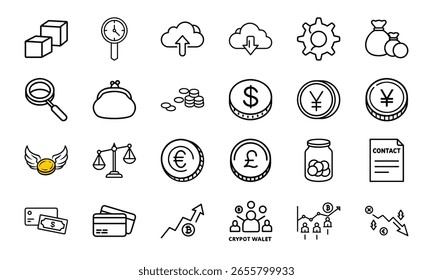 Conjunto de iconos de finanzas y criptomonedas: estilo de línea dibujado a mano Dinero, moneda, contrato, cartera, tarjeta de crédito, cadena de bloques, gráfico y símbolos de moneda para negocios, banca e inversión Diseño de interfaz de usuario

