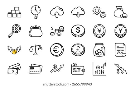 Conjunto de Ícones de Finanças e Criptomoedas - Símbolos de Moeda, Moeda, Contrato, Carteira, Cartão de Crédito, Blockchain, Gráfico e Moeda para Negócios, Banco e Investimento IU Design

