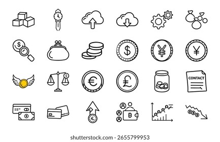 Conjunto de iconos de finanzas y criptomonedas: estilo de línea dibujado a mano Dinero, moneda, contrato, cartera, tarjeta de crédito, cadena de bloques, gráfico y símbolos de moneda para negocios, banca e inversión Diseño de interfaz de usuario

