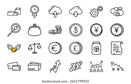 Conjunto de Ícones de Finanças e Criptomoedas - Símbolos de Moeda, Moeda, Contrato, Carteira, Cartão de Crédito, Blockchain, Gráfico e Moeda para Negócios, Banco e Investimento IU Design

