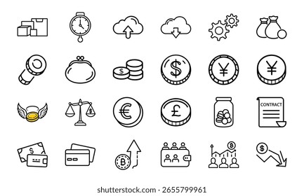 Conjunto de iconos de finanzas y criptomonedas: estilo de línea dibujado a mano Dinero, moneda, contrato, cartera, tarjeta de crédito, cadena de bloques, gráfico y símbolos de moneda para negocios, banca e inversión Diseño de interfaz de usuario

