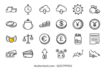 Conjunto de iconos de finanzas y criptomonedas: estilo de línea dibujado a mano Dinero, moneda, contrato, cartera, tarjeta de crédito, cadena de bloques, gráfico y símbolos de moneda para negocios, banca e inversión Diseño de interfaz de usuario

