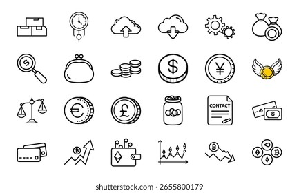 Conjunto de iconos de finanzas y criptomonedas: estilo de línea dibujado a mano Dinero, moneda, contrato, cartera, tarjeta de crédito, cadena de bloques, gráfico y símbolos de moneda para negocios, banca e inversión Diseño de interfaz de usuario

